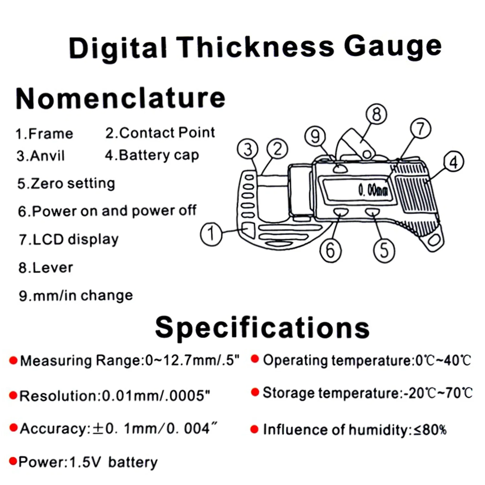 Digital Thickness Gauge Digital Micrometer Inch/Metric Electronic Vernier Calipers Measures 0-0.5/0-12.7mm With Large LCD Displa