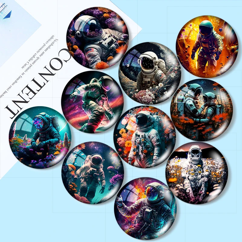 Neon Astronaut flower Technology view 10pcs 12mm/16mm/18mm/25mm Round Photo Glass Cabochon Demo Flat Back Making findings