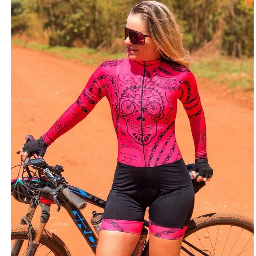 

Macaquinho Caveira Mexicana pink Bike LISLINDA Women Triathlon Skinsuit Jumpsuit Cycling Jersey Sportwear Bodysuit Mtb ciclismo