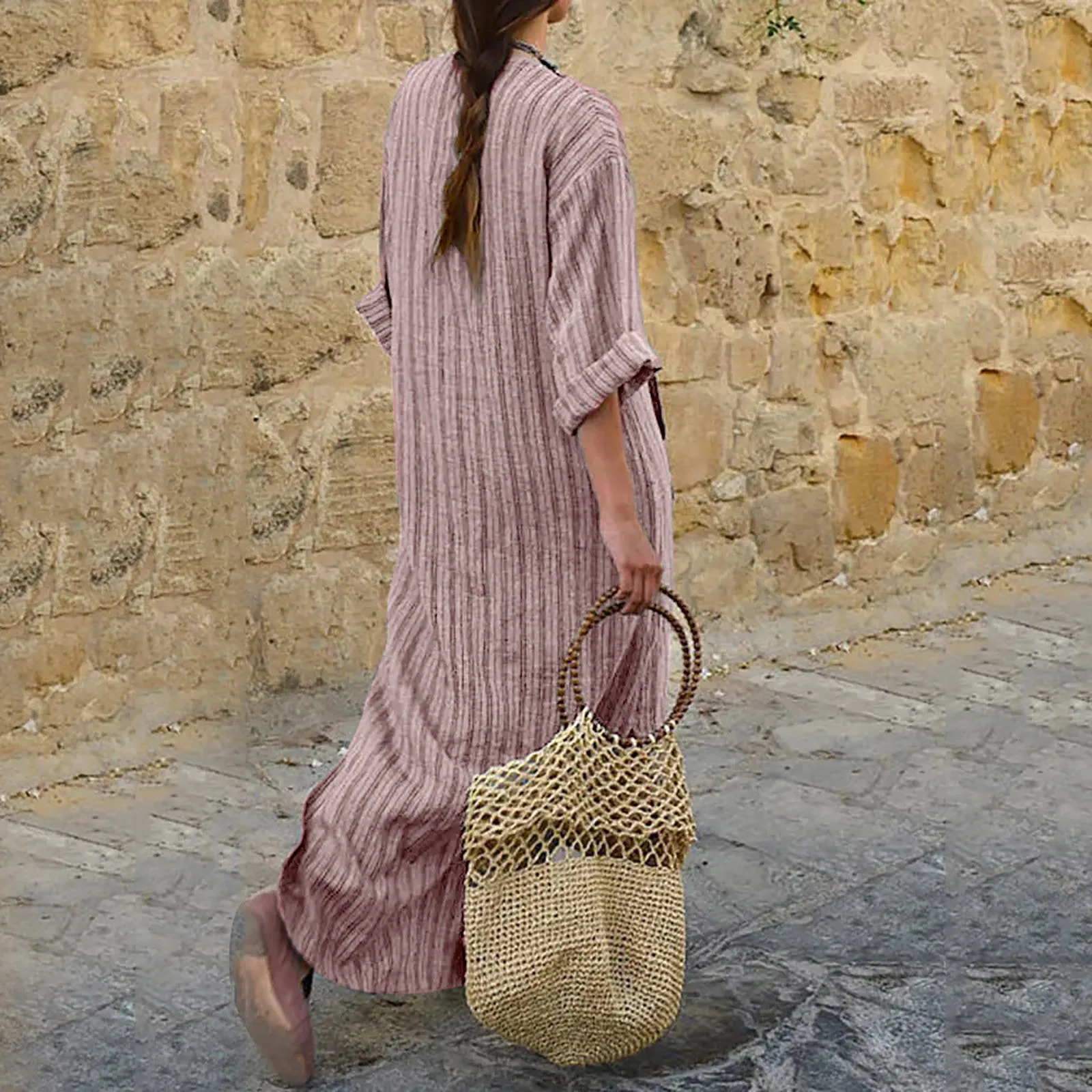 Loose Summer Long Yarn-Dyed Dress Women Sexy Casual Striped Maxi Dresses Ladies Vestidos Vacation Party Night Boho Clothing