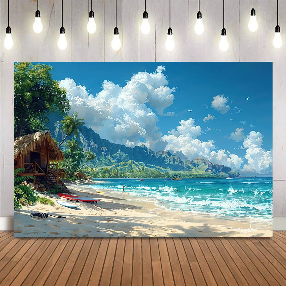 Telón de fondo con temática de playa, cartel de decoración de fiesta de cumpleaños, Océano, cielo azul, playa, palmeras tropicales, Luau