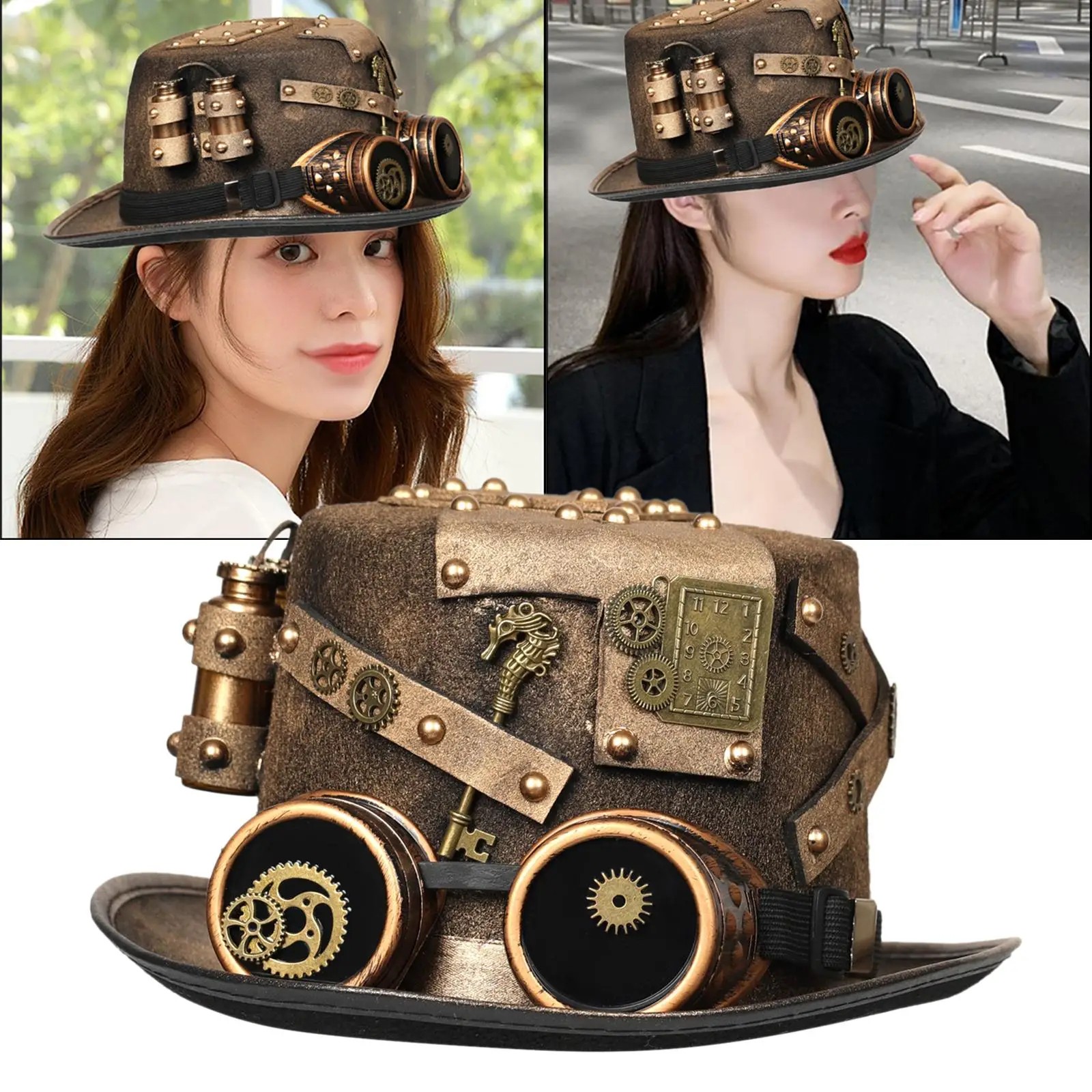 Steampunk Hats, Handmade Bowler Hat Stage Hat Gothic with Gear Glasses Denim Hat Headgear for Cosplay Decor Party Fancy Dress