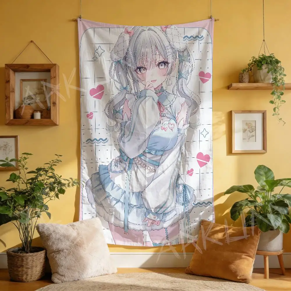Hot Cute Pink Anime Girl Tapestry, Kawaii Manga Young Lady Illustration Wall Hanging Aesthetic Wall Cloth, Anime Room Decor