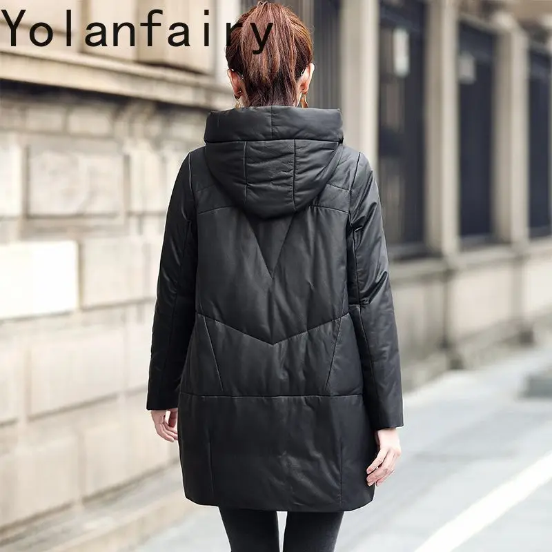 Yolanfairy jaquetas de couro feminino genuíno pele carneiro longo para baixo jaqueta casual inverno com capuz casacos pequenos nova jaqueta feminina
