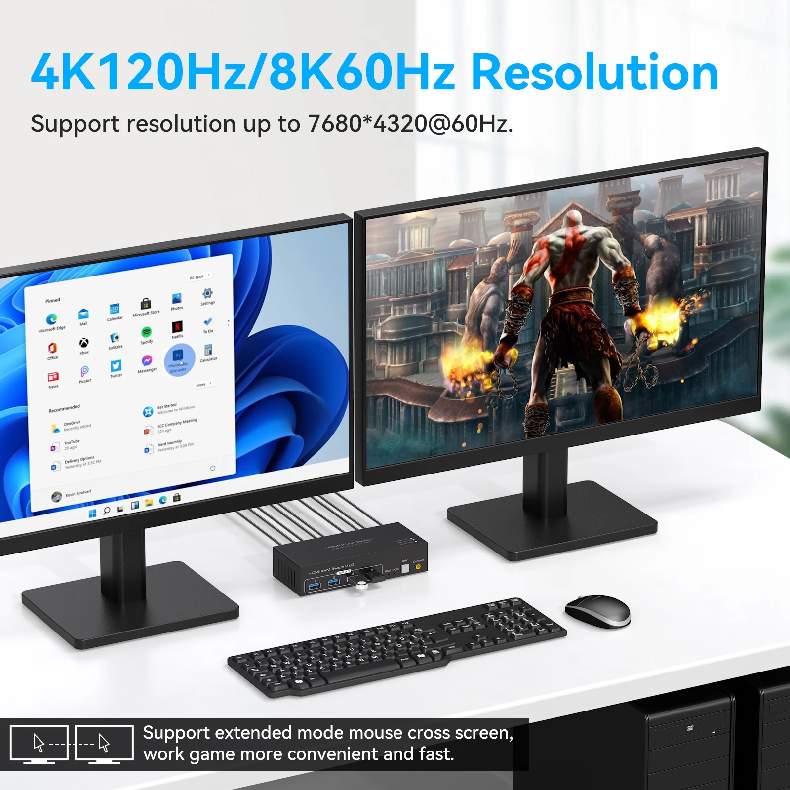 KVM Switch 2 Monitors 2 Computers 8K@60Hz HDMI Displayport Extended Display Shared USB 3.0 Keyboard Mouse for Windows Linux Unix