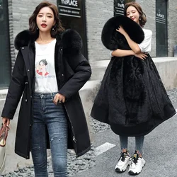 Winter Women Jacket Long Parka  Fur Collar Loose Long Coat Wool Liner Hooded Jacket Warm Thick Warm Snow Wear Padded Parka