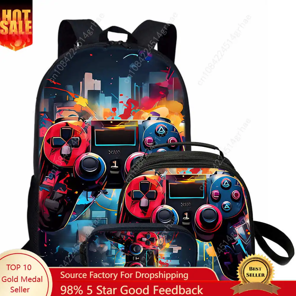 

Cool Game ControllerThree Piece Set Backpacks For Boy And Girls Best Gifts 2D Flat Cartoon School Backpack For Children