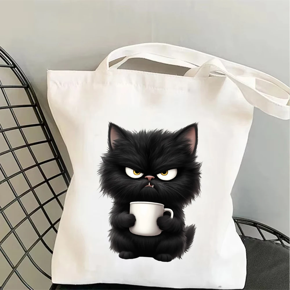 

Adorable Kitten with Conical Hat Canvas Tote Bag Featuring NI HAO fine shyt Text Cute Reusable Grocery Bag