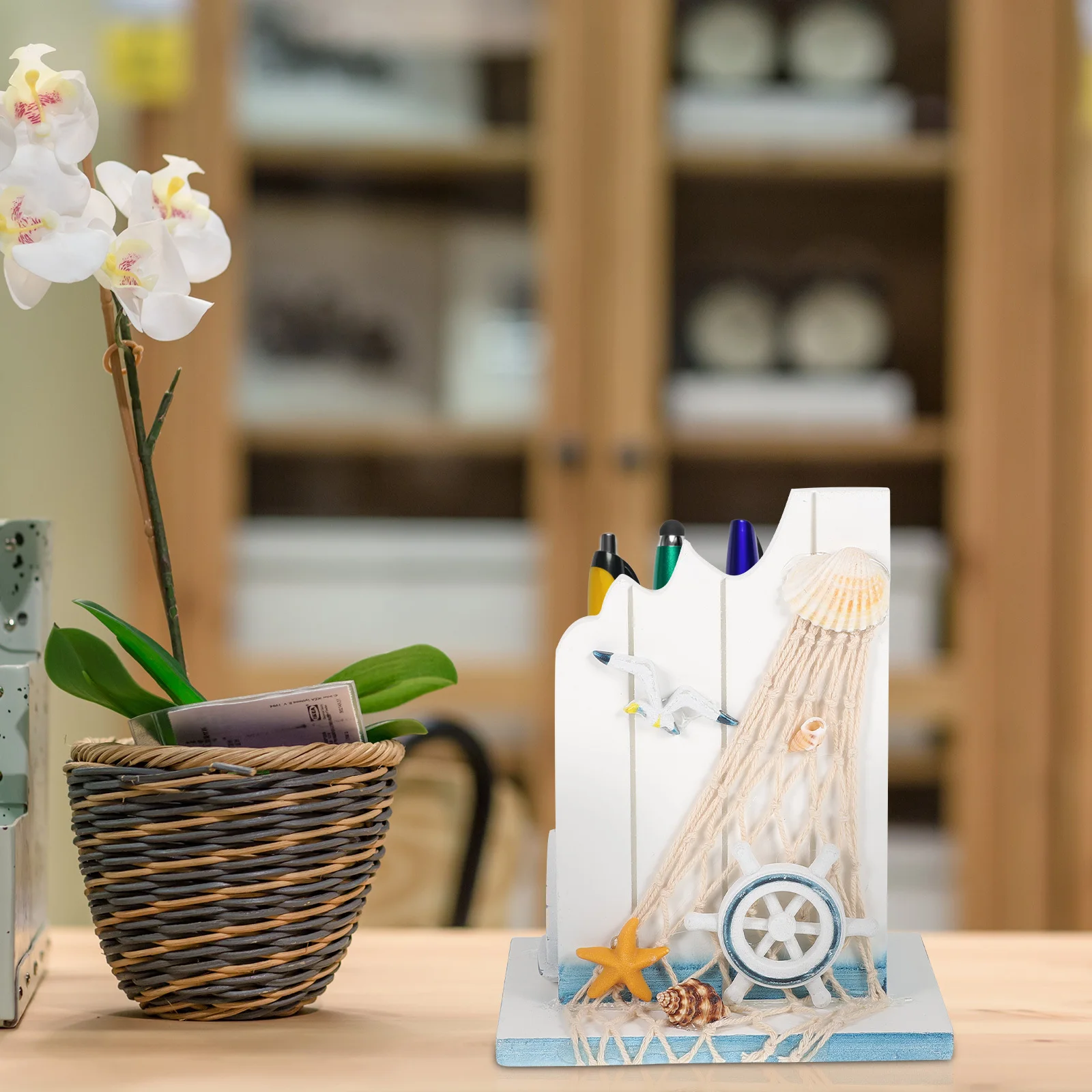 

Creative Mediterranean Style Wooden Pen Holder Desktop Organizer for Office Home School Desk Pencil Stationery Container