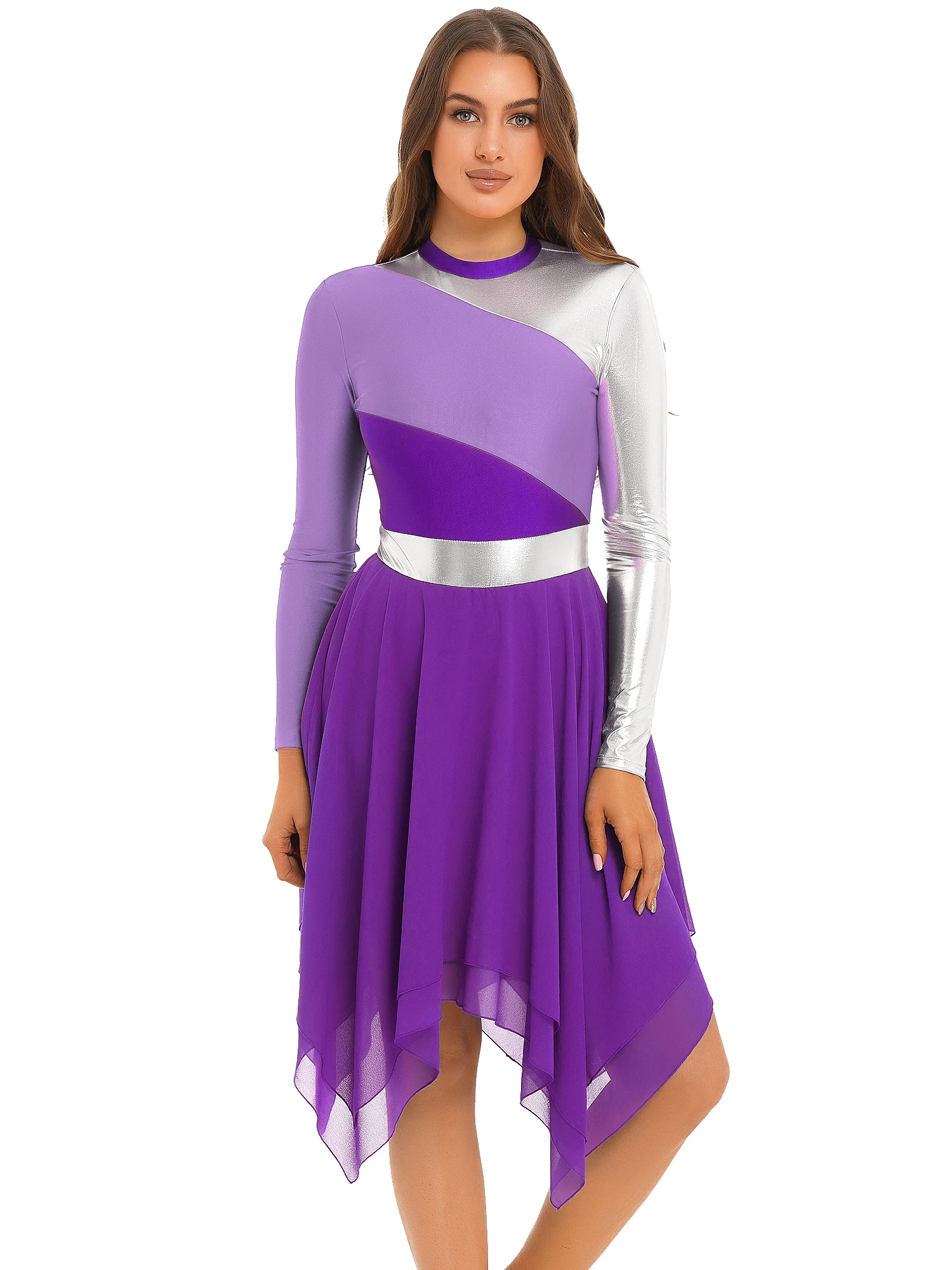 Modernes lyrisches Tanz-Trikotkleid für Damen, langärmelig, unregelmäßiger Saum, Walzer, Gesellschaftstanz, Kostüm, Partykleid, Tanzbekleidung