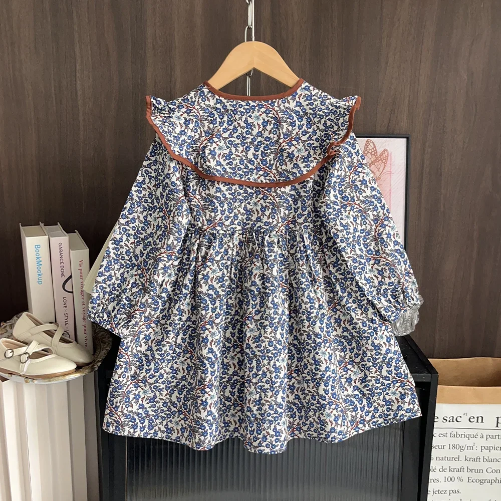 Daily Wear in Autumn Lapel Floral Long Sleeved Casual Dress for Girls Aged 2-6