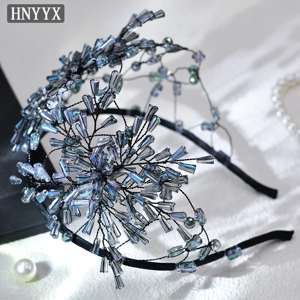 HNYYX Blue Crystal Crown Fashion Headband for Women Luxury Beaded Flower Hair Hoop Vintage Hair Accessories Wedding Tiara A112