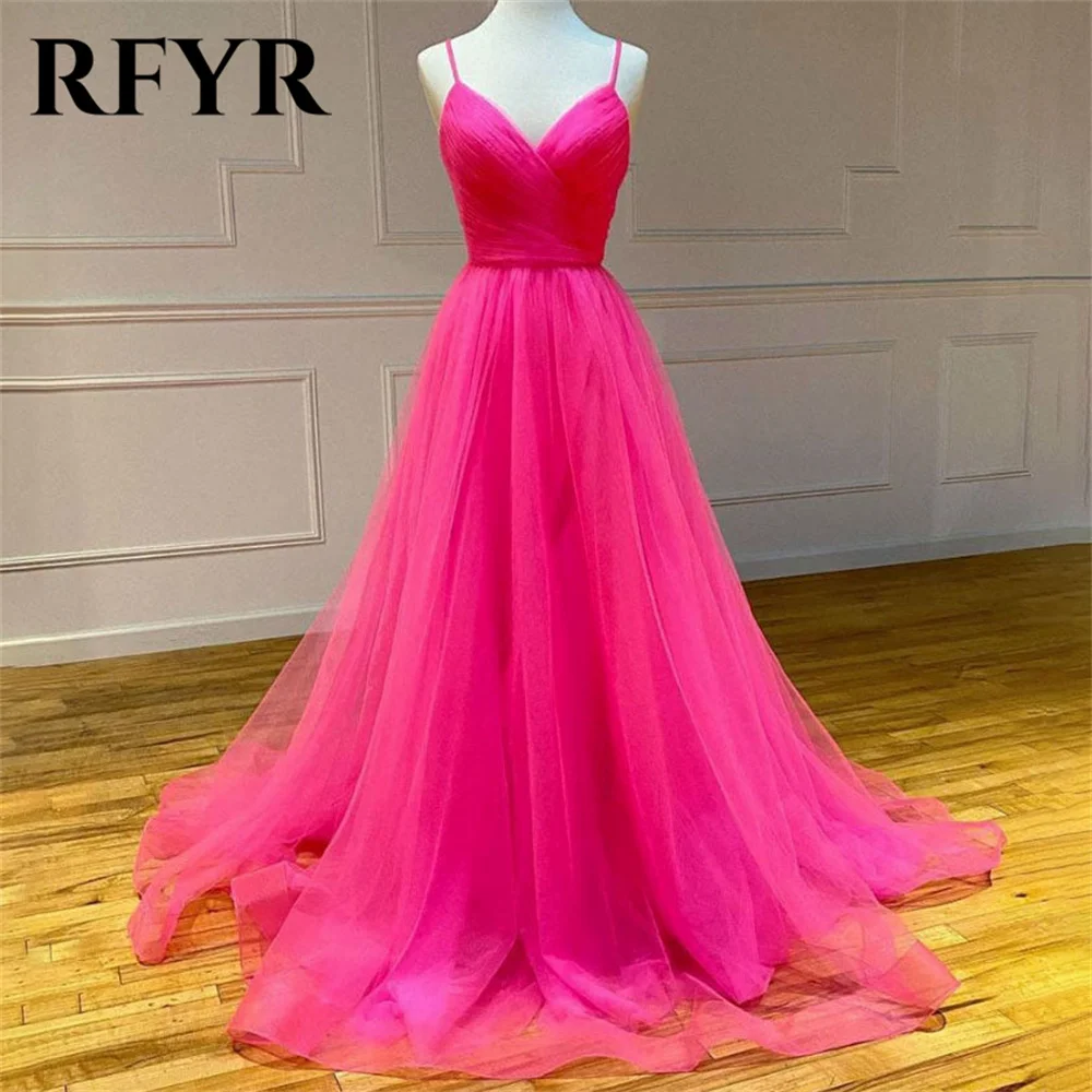 

RFYR Pink Sweetheart Evening Dresses Vestidos De Noche Spaghetti Strap Tulle Prom Dresses with Pleats A-Line Long Party Dress