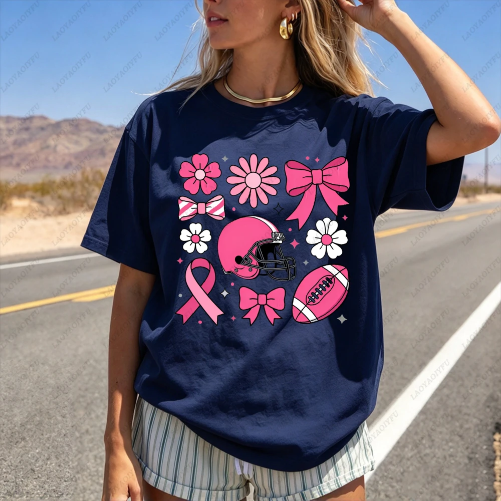 October Pink Ribbon Football Helmet Graphic T Shirt Women Breast Cancer Awareness Ribbon Cotton Short Sleeve Sports Top Wear