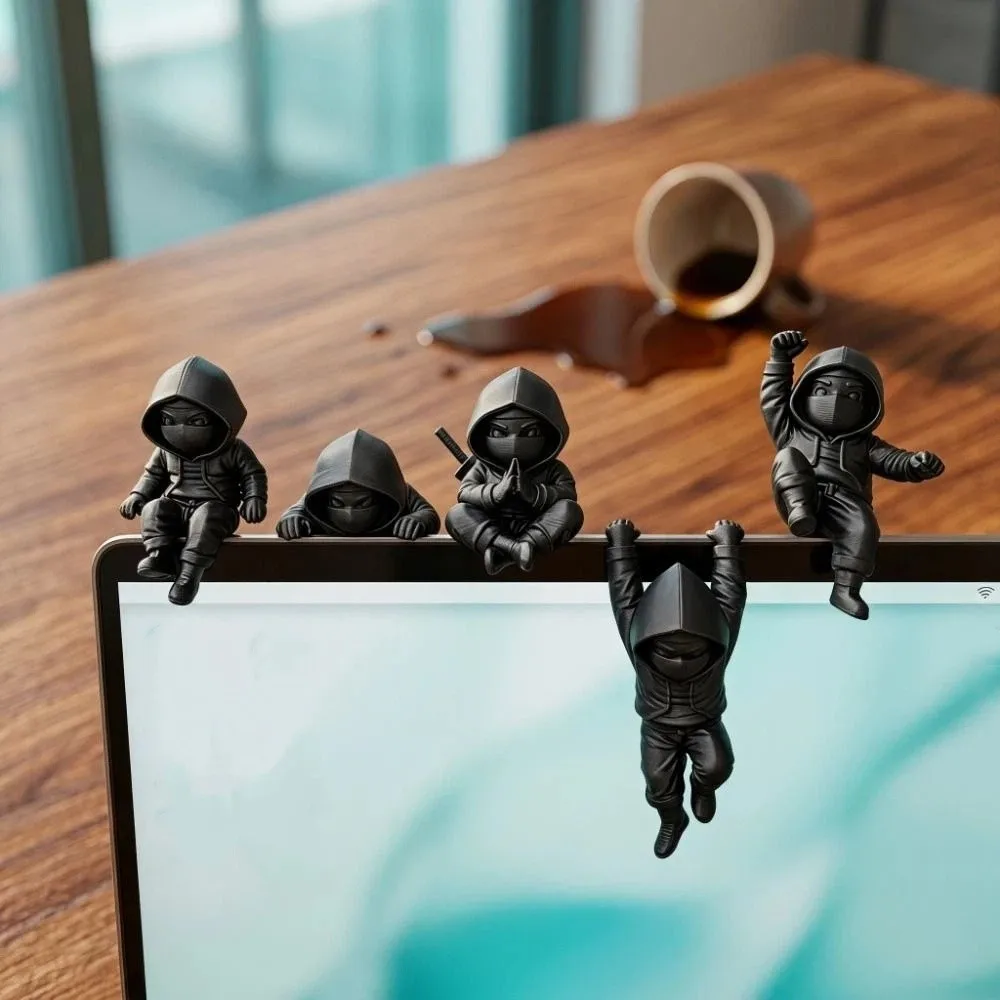5 pcs Dark Style 3D Printing Ninja Ornaments Mini Funny Hooded Man Figure Five Action Postures Hanging Decor Ninja Statue Gift