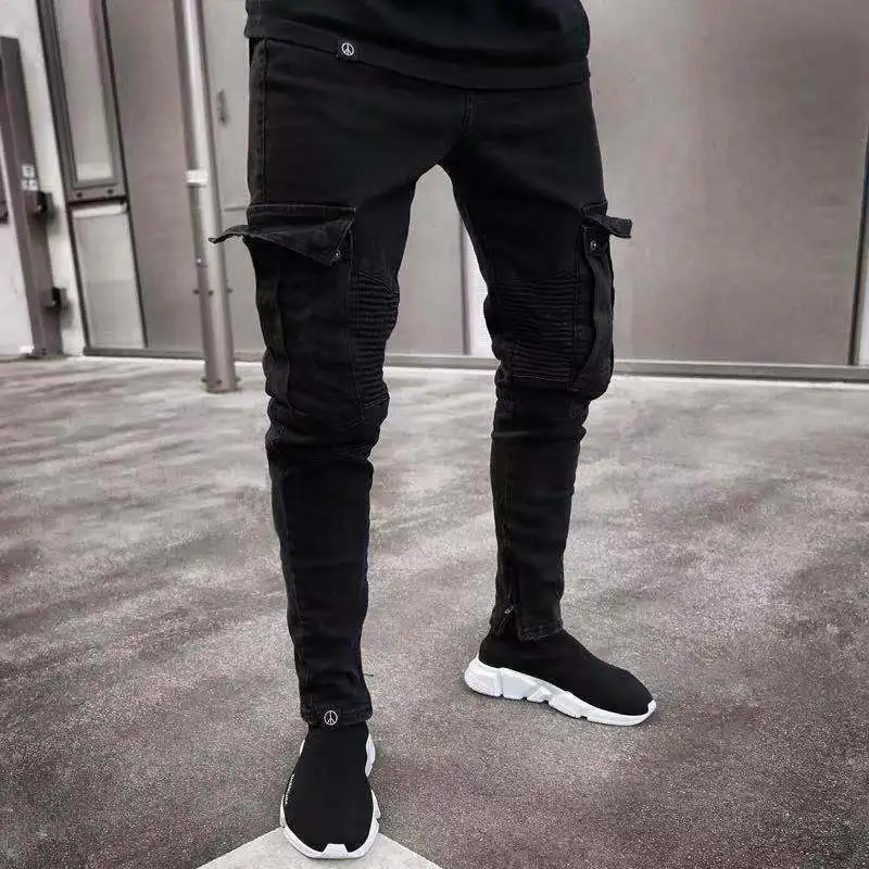 Brand Men Slim Biker Ripped Long Denim Trousers Skinny Jeans pocket Young Man Jogging Pants Destroyed Stretchy-Black Pants