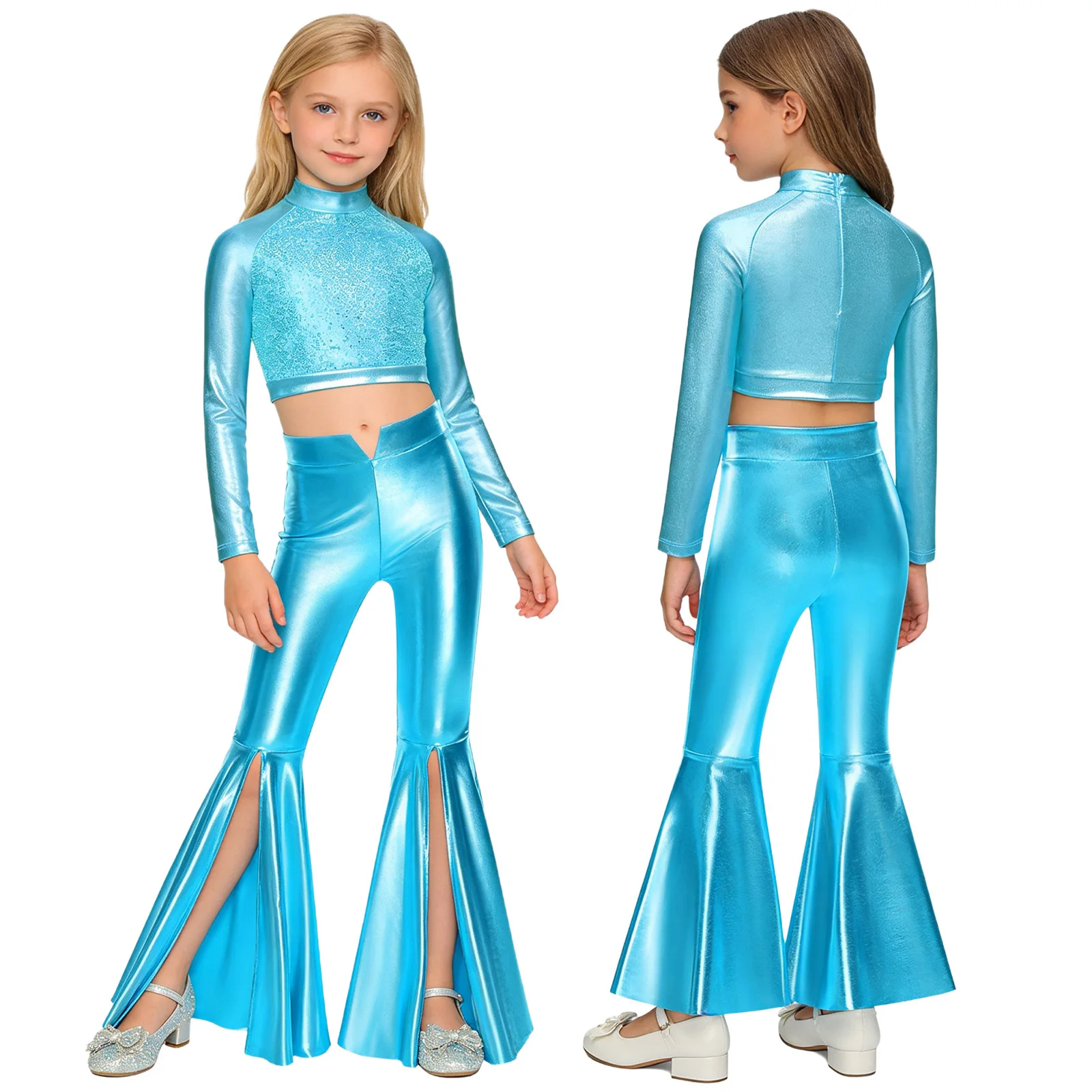 

Детский костюм для джазовых танцев, диско, танго, выступлений для девочек: укороченный топ с длинными рукавами и пайетками, блестящие брюки, одежда для фестивалей и рейвов