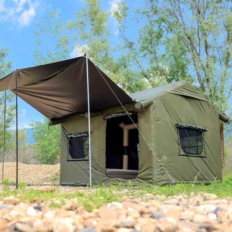 Green Inflatable Double-Layer Four-Season Camping Cabin Tent with Two Bedrooms & Living Room for 6-8 People Outdoor Use