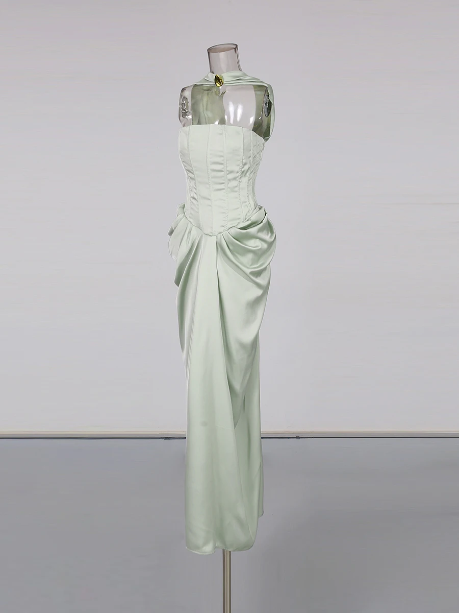 TWOTWINSTYLE Evening Prom Bodycon Maxi Dresses for Women Strapless Sleeveless High Waist Patchwork Ribbon Dress Female New Style