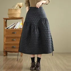 High Waist Long Skirt Women New Arrival 2024 Autumn Vintage Style Solid Color Basics Female Quilted Warm Casual Skirts B2019