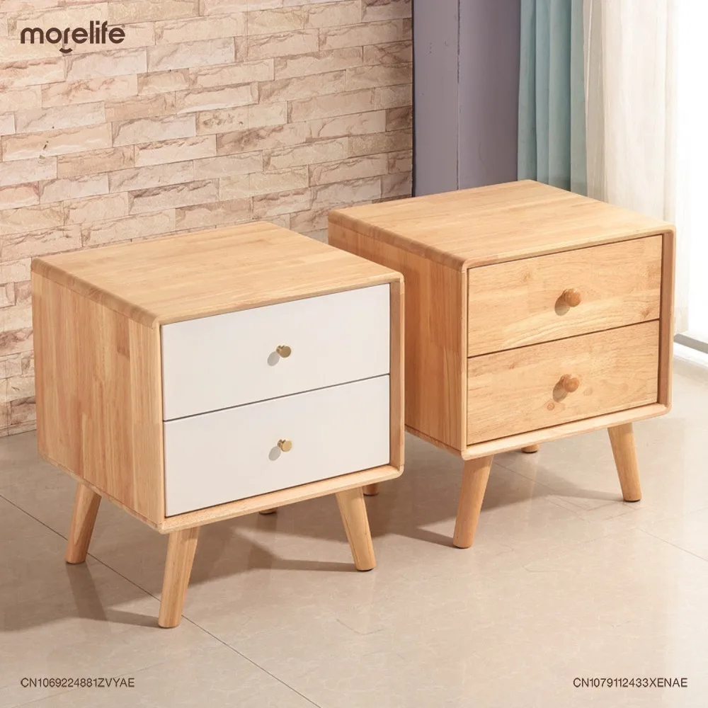 

Nordic Solid Wood Bedside Table Simple and Modern Fully Furnished Mini Bedroom Double Drawer Storage Cabinet Home Furniture F01+