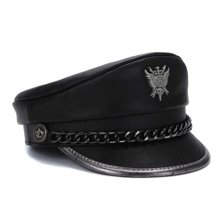 2026 Spring Men‘s Genuine Leather Army Hat Male Flat Top Badge Locomotive Retro Military Caps Students Punk Cortical Chain Gorra view 3