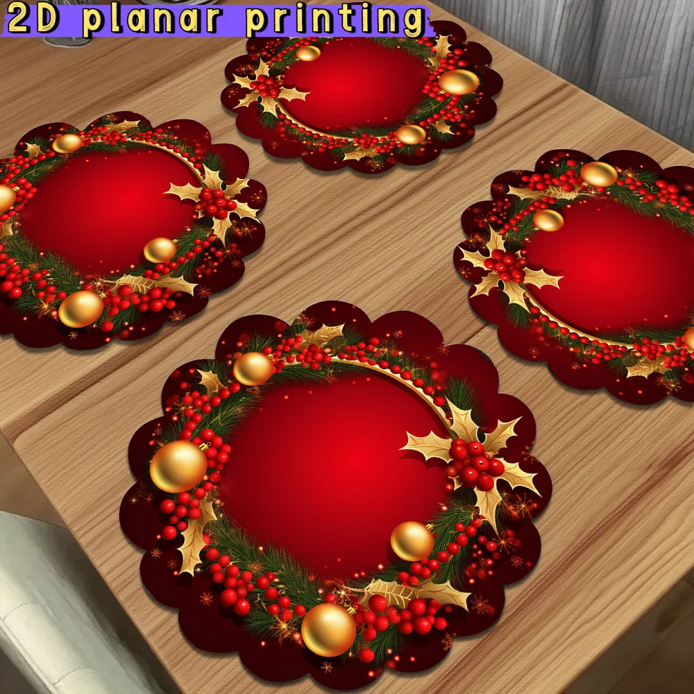 VIKAMA Round Scalloped Christmas Placemats Berry Wreath Floral Linen Mats Non-Slip Wipe Clean for Xmas Party Dining Table Decor