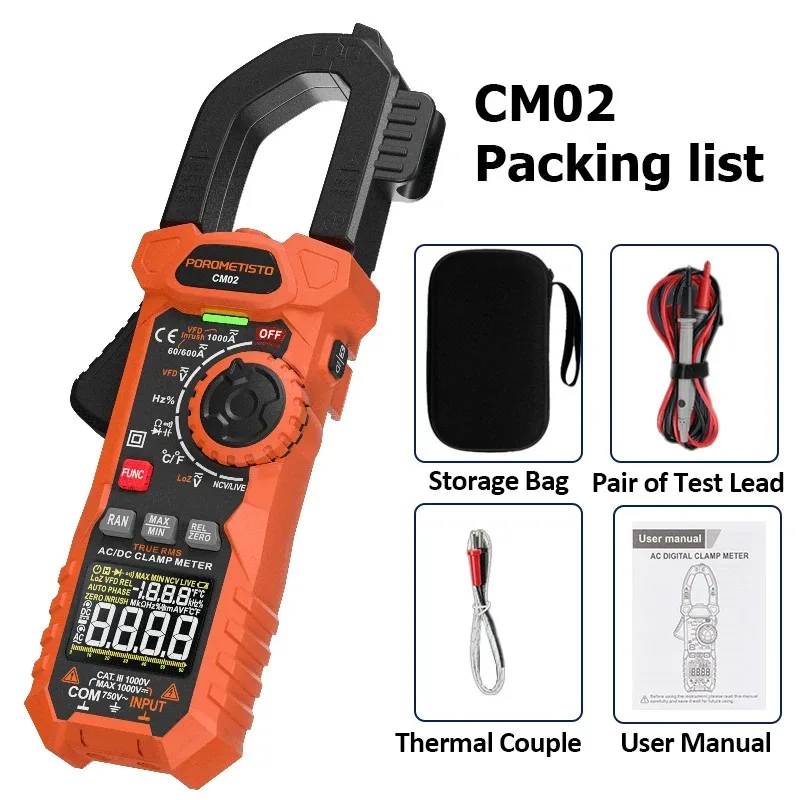 POROMETISTO  CM02 Digital Clamp Meter 6000 Counts Voltage Detector 1000A AC/DC Current True RMS Ammeter Voltmeter NCV Ohm Tester