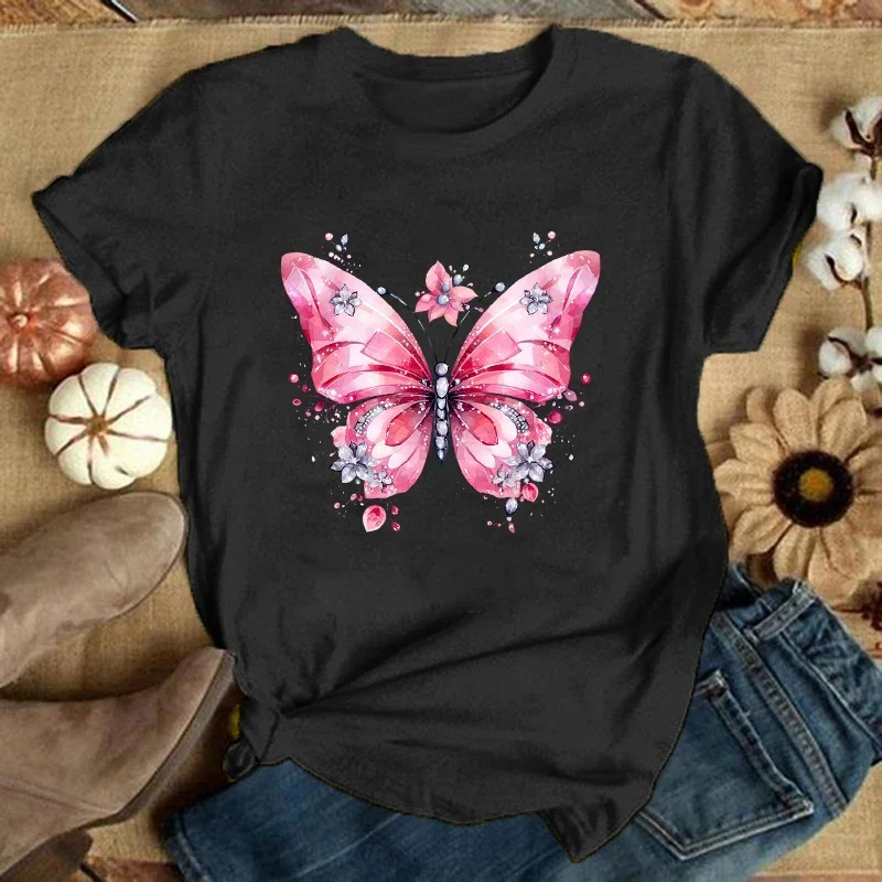 Fashion Flower Butterfly Printed T-Shirts Men Women Summer Casual Short Sleeved T-Shirts Round Neck Tops Flower Butterfly tops