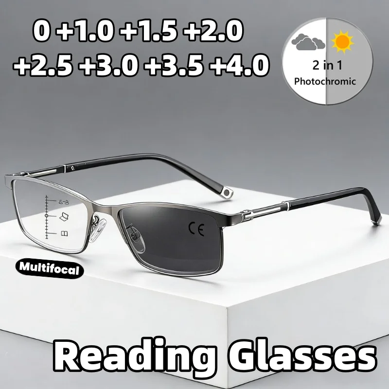 

Classic Square Photochromic Multifocal Reading Glasses Ultra-Lightweight Anti-Blue Light Presbyopia Eyeglasses 0 To +4.0