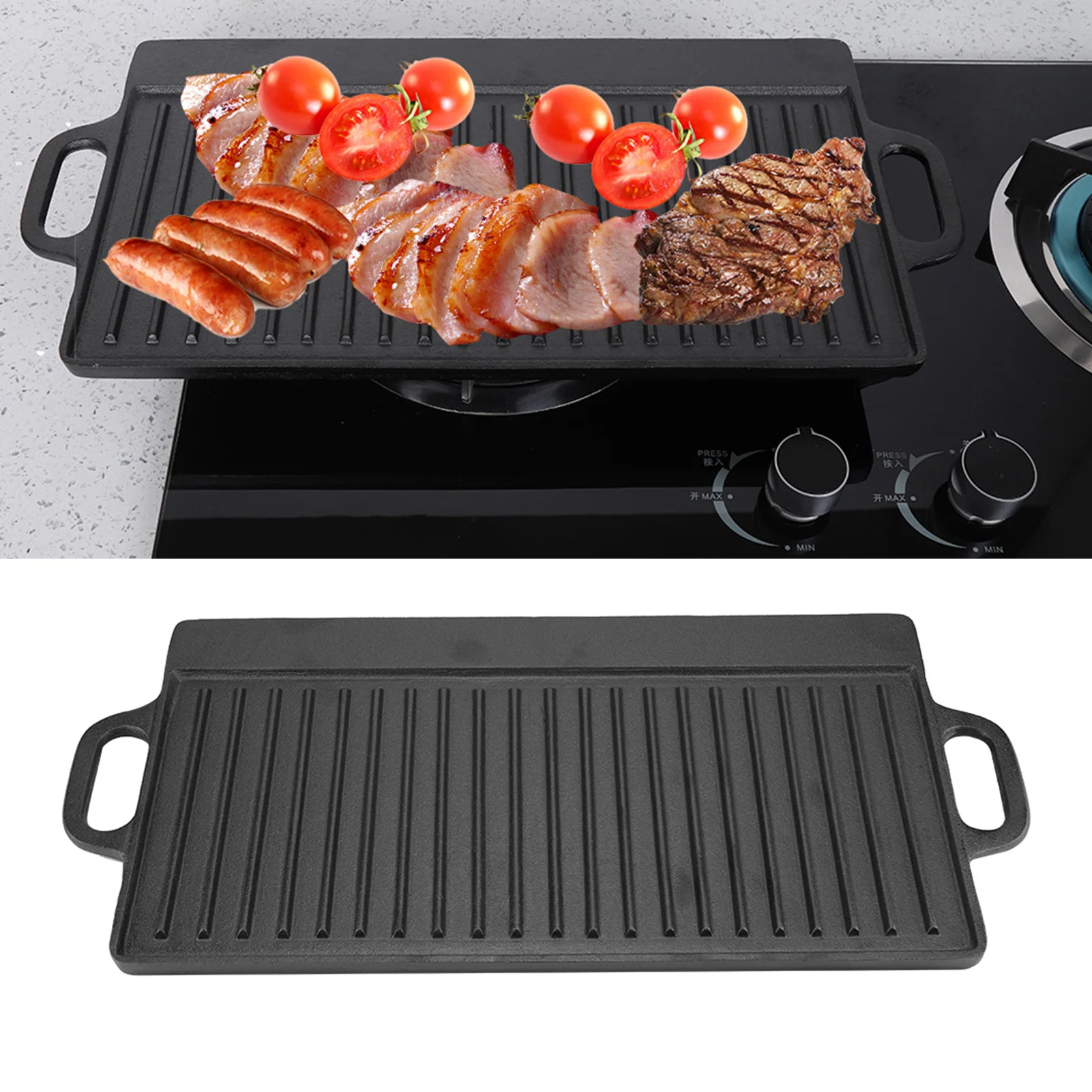 Cast Iron Grill Pan Non-Stick Double Sided Ridged & Flat Griddle Pan Baking Cooking Tray Bakeware