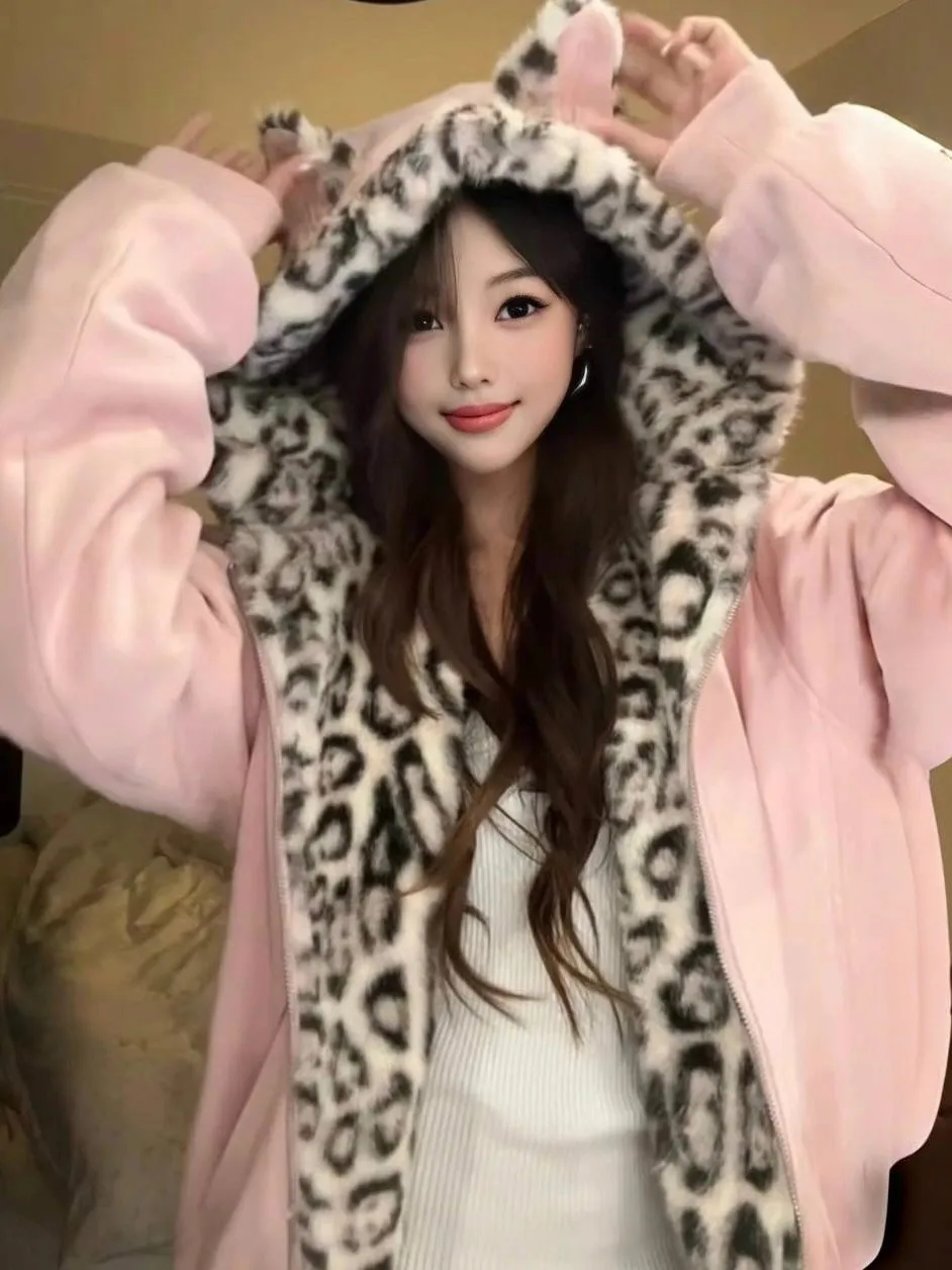 

Милая розовая куртка с леопардовым принтом и капюшоном, женская свободная теплая хлопковая куртка на молнии с флисовой подкладкой, весенняя модная верхняя одежда