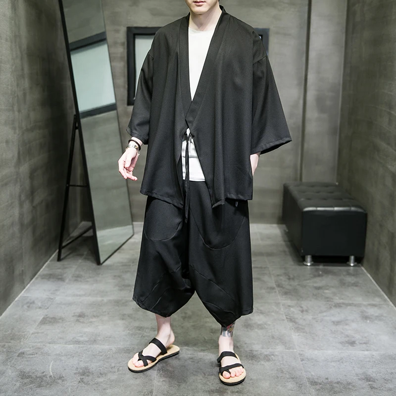 M-5XL Plus Size Men Kimono Cardigan Men with Cross Pants Two Pieces Sets Plain Color Summer Streetwear Japanese Style Clothing