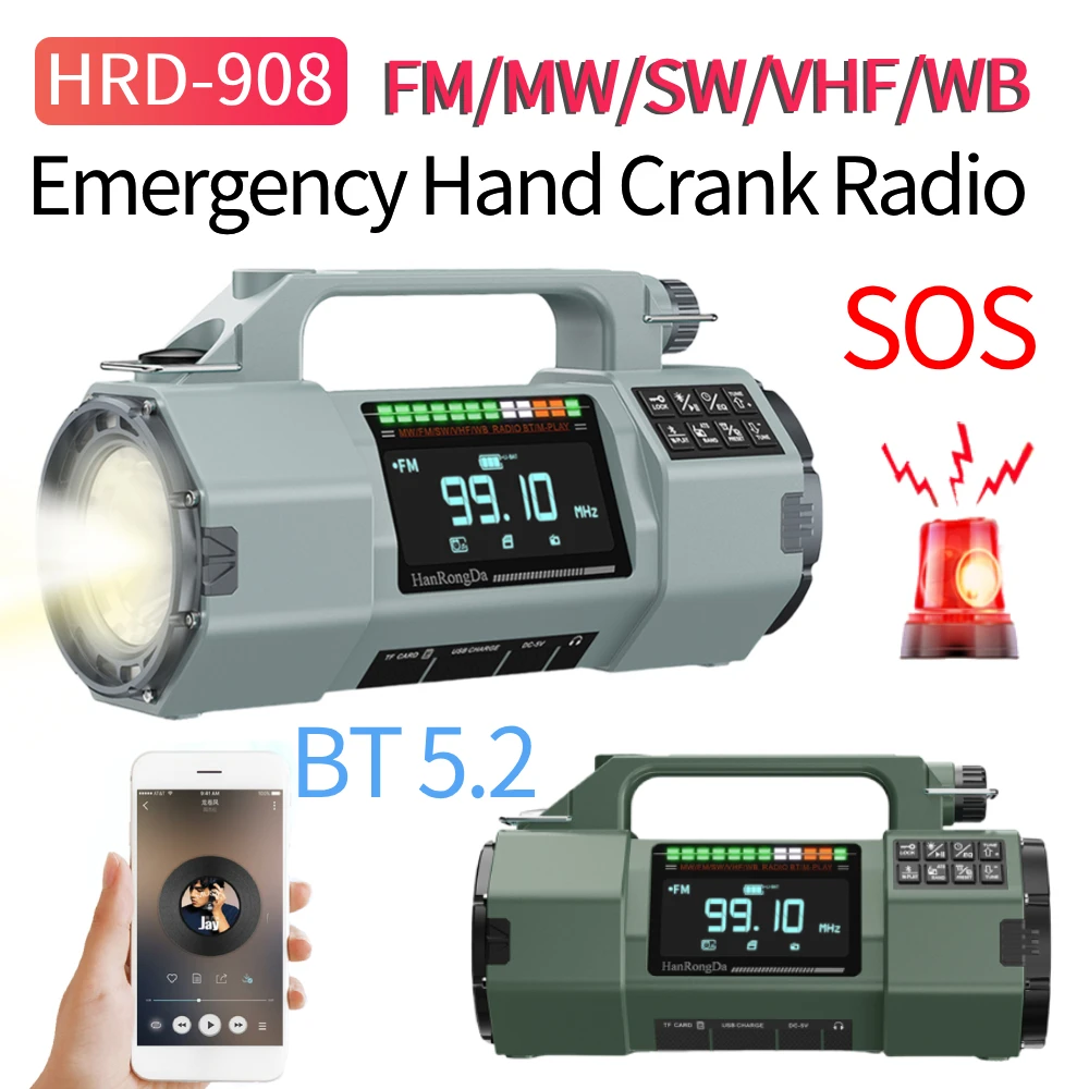 HRD-908 راديو الطقس في حالات الطوارئ كرنك اليد راديو FM/MW/SW/VHF/WB راديو يعمل بالطاقة الشمسية مصباح ليد جيب خارجي SOS إنذار BT لاعب