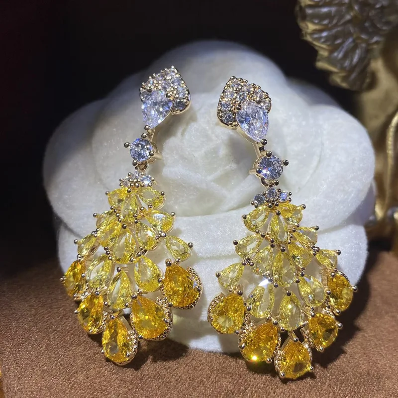 Layered Yellow Teardrop Cubic Zirconia Chandelier Earrings Multi‑Shape Stone Cluster Gold Plated Elegant Daily Ear Accessories