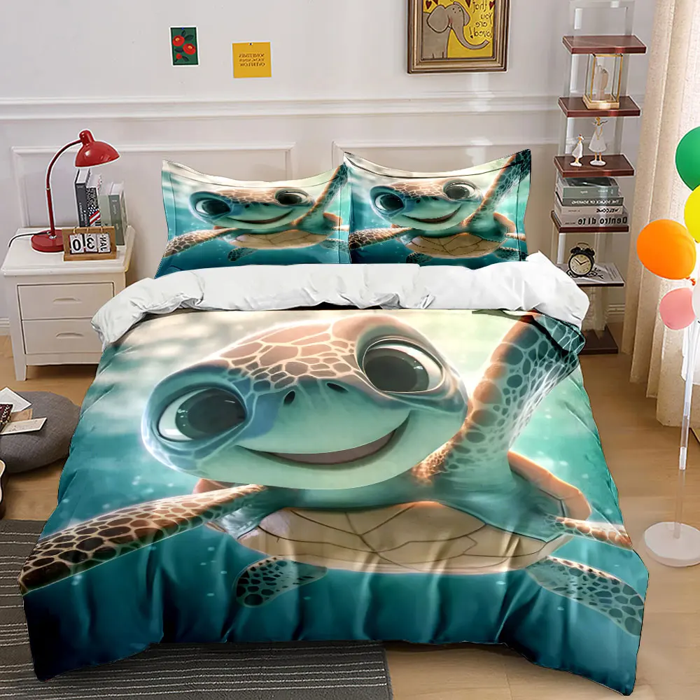 Smiling animated sea turtle. Print Bedding Set 1 Duvet Cover 2 Pillowcases for Adult and Children Luxury Gift Full Size