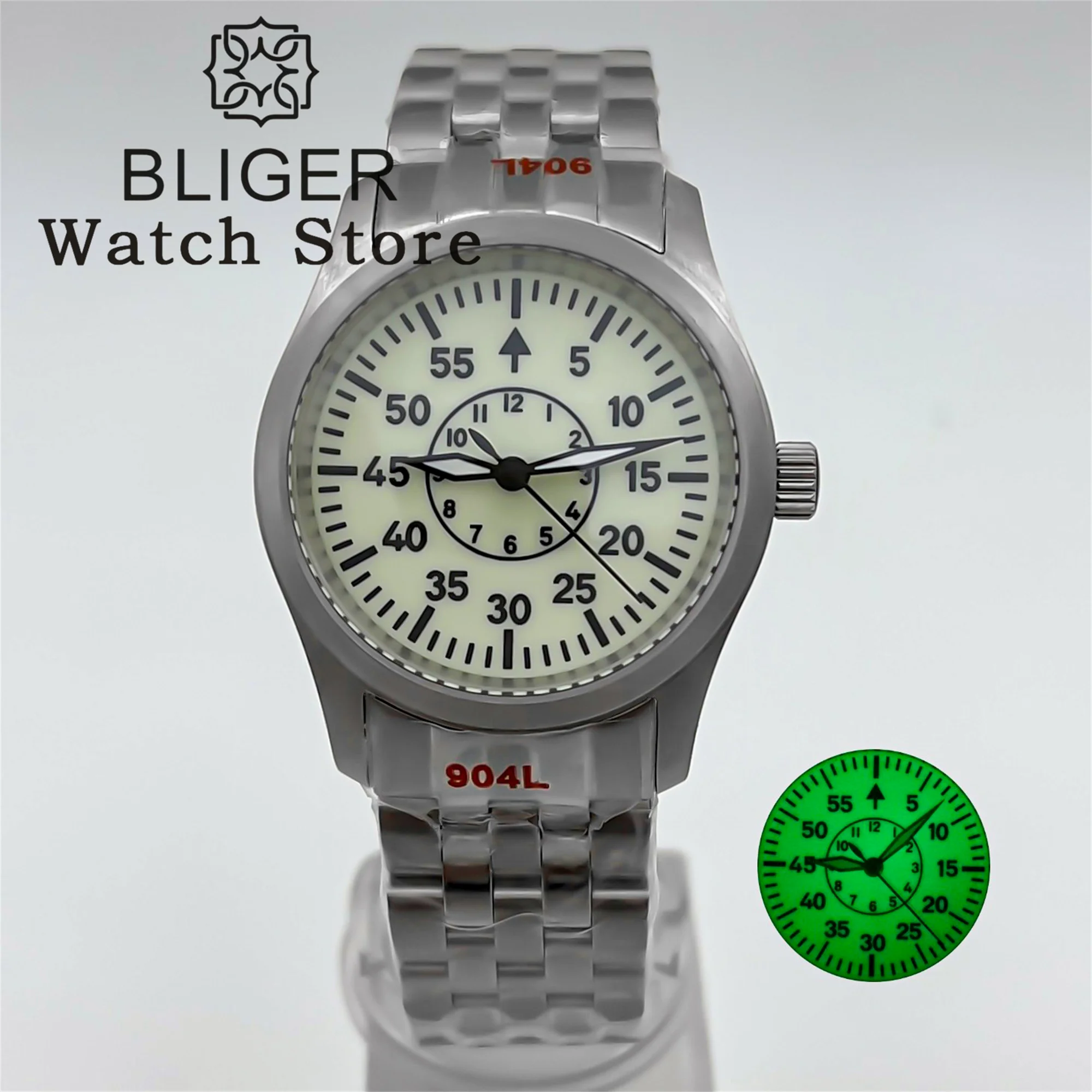 

BLIGER 36mm 39mm Stainless Diver Brushed Pilot Men's Watch NH35 Moving Dome sapphire glass with Super Green Luminous Screw Crown