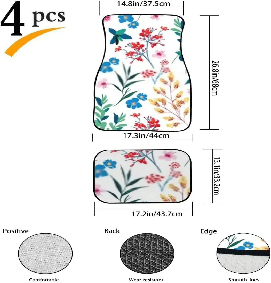 Car Floor Mats Elegant Blooming Garden Floral Small Hand Print Design Carpet Car SUV Truck Floor Mats 4 Pcs, Car Carpet