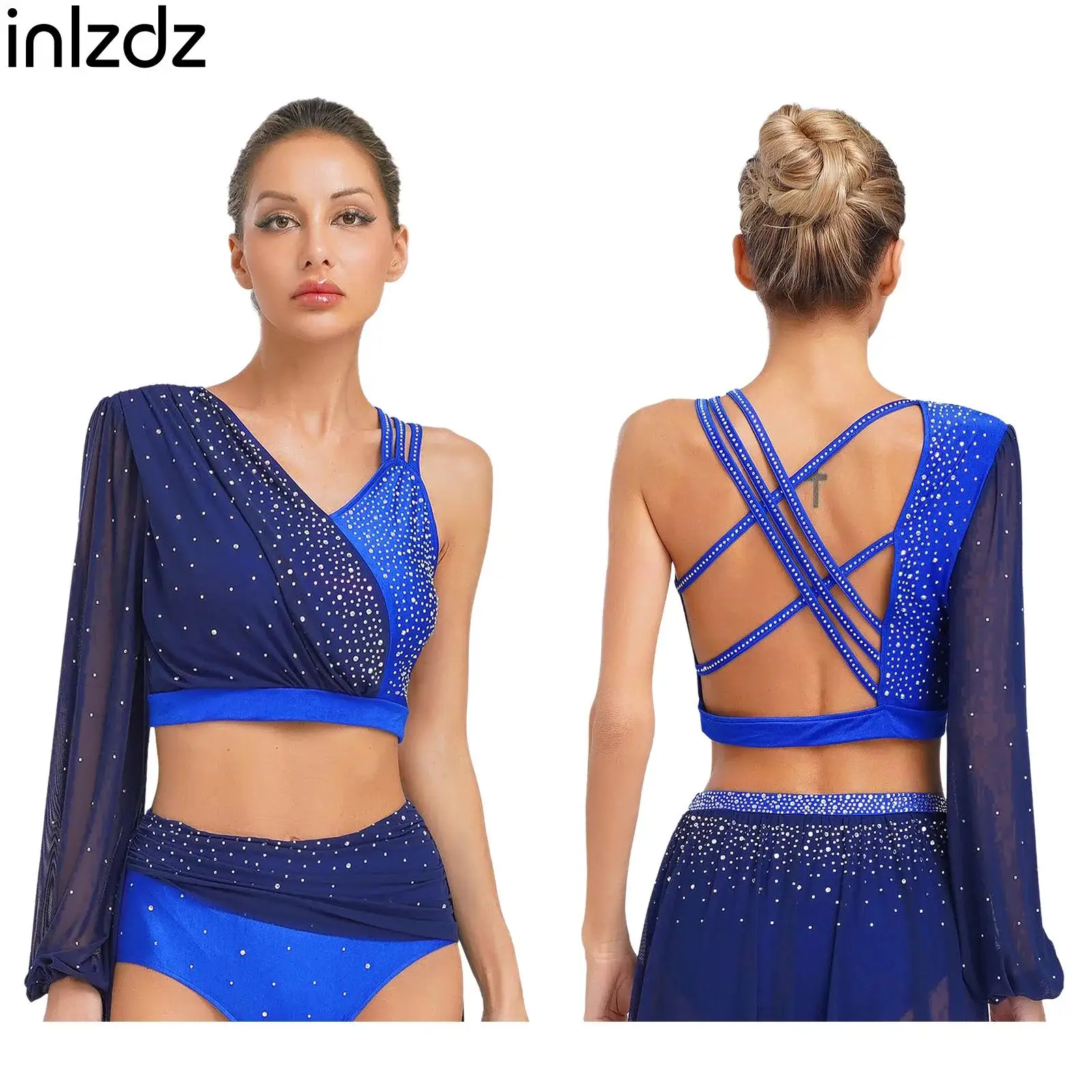 

New Womens Lyrical Contemporary Dance Costume One Long Sleeve Rhinestone Crop Top Female Performance Clothing Modern Dancewear
