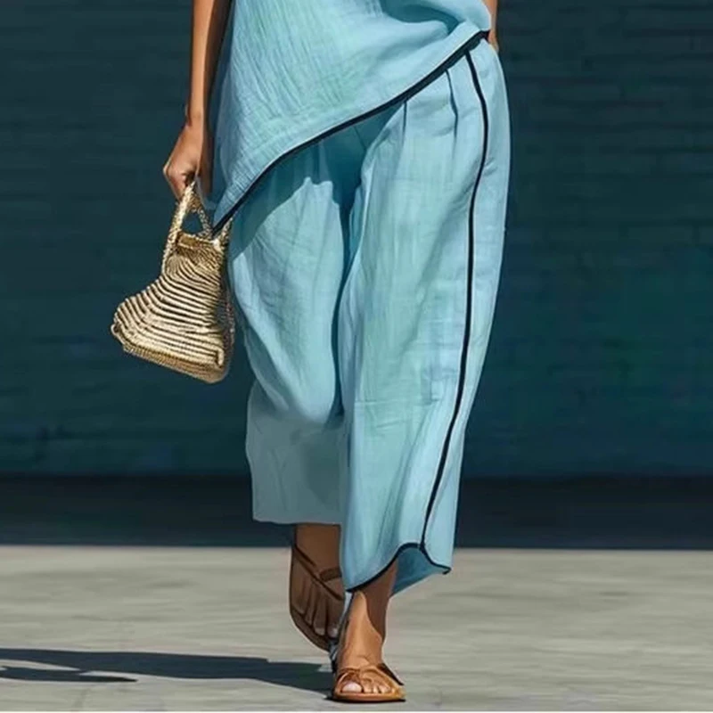 

Vacation Outfits Women's Two Piece Set Short Sleeve Irregular Hem Top And Wide Leg Pants Summer Casual Simple Loose Suit