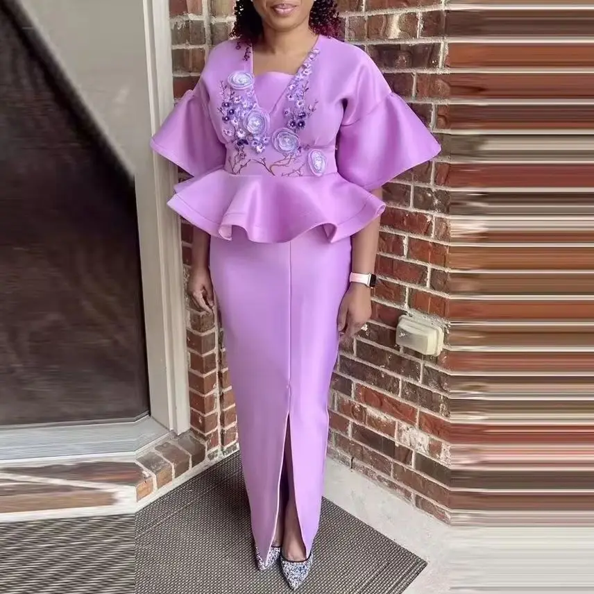 2026 Evening Dress Front Split Party Vestidos Lavender Mermaid prom Dresses Puffy Half Sleeves Aso Ebi peplum Flowers Appliques