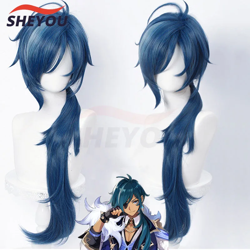 Game Impact Kaeya Cosplay Men 80cm Long Ink-Blue Wig Cosplay Anime Cosplay Wigs Heat Resistant Synthetic Wigs + Wig Cap