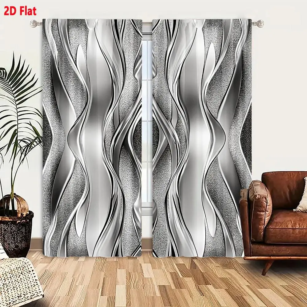 2Pcs Curtains Add 2D Flat Monochromatic Abstract Metallic Silver Wavy Lines Symmetrical Diamond Motif Modern Sleek Polished Chro