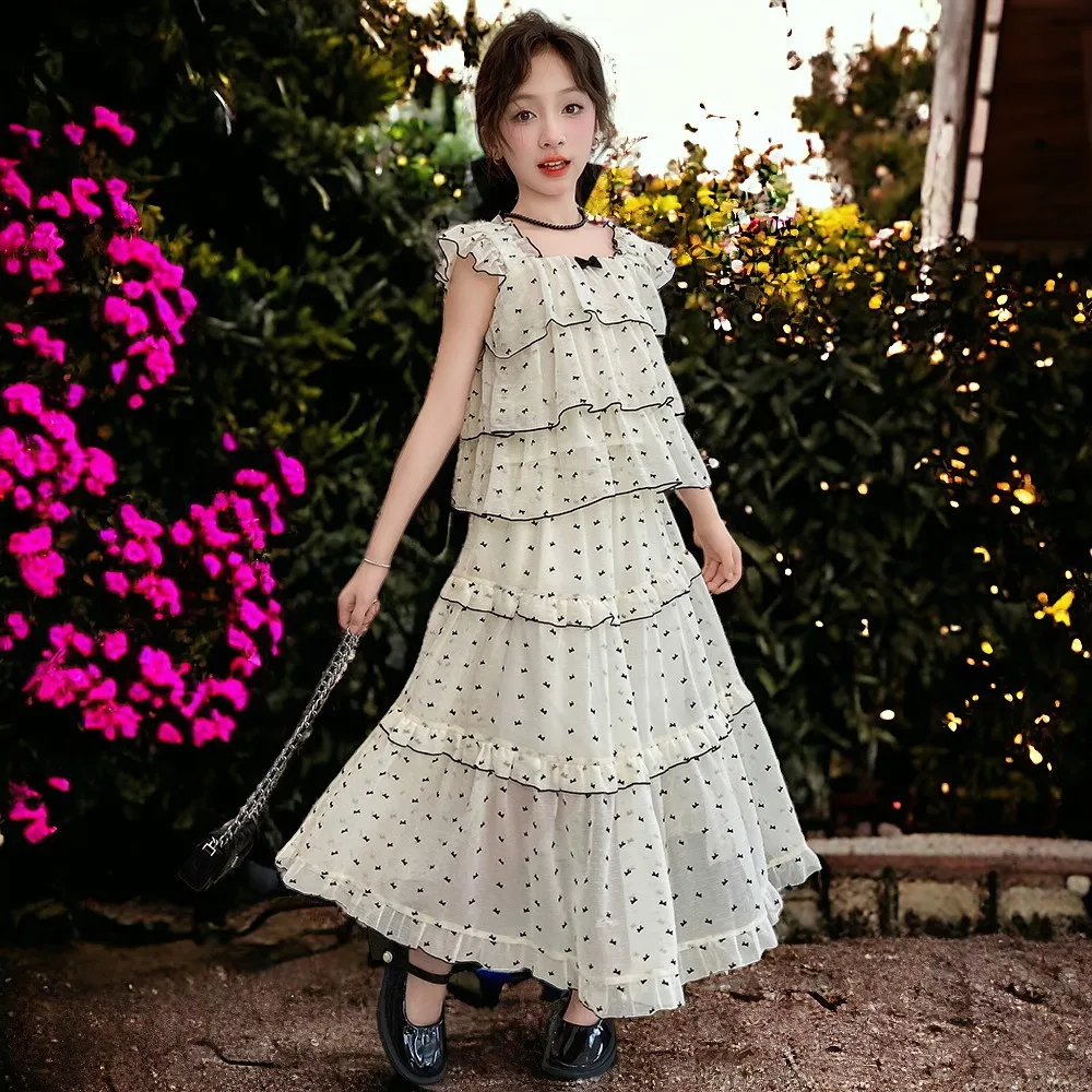 Girls Party Outfits Kids Polka Dot White lace Dresses for Baby Bohemia Maxi Dress Summer Children Costumes 6 8 9 10 12 13 Years