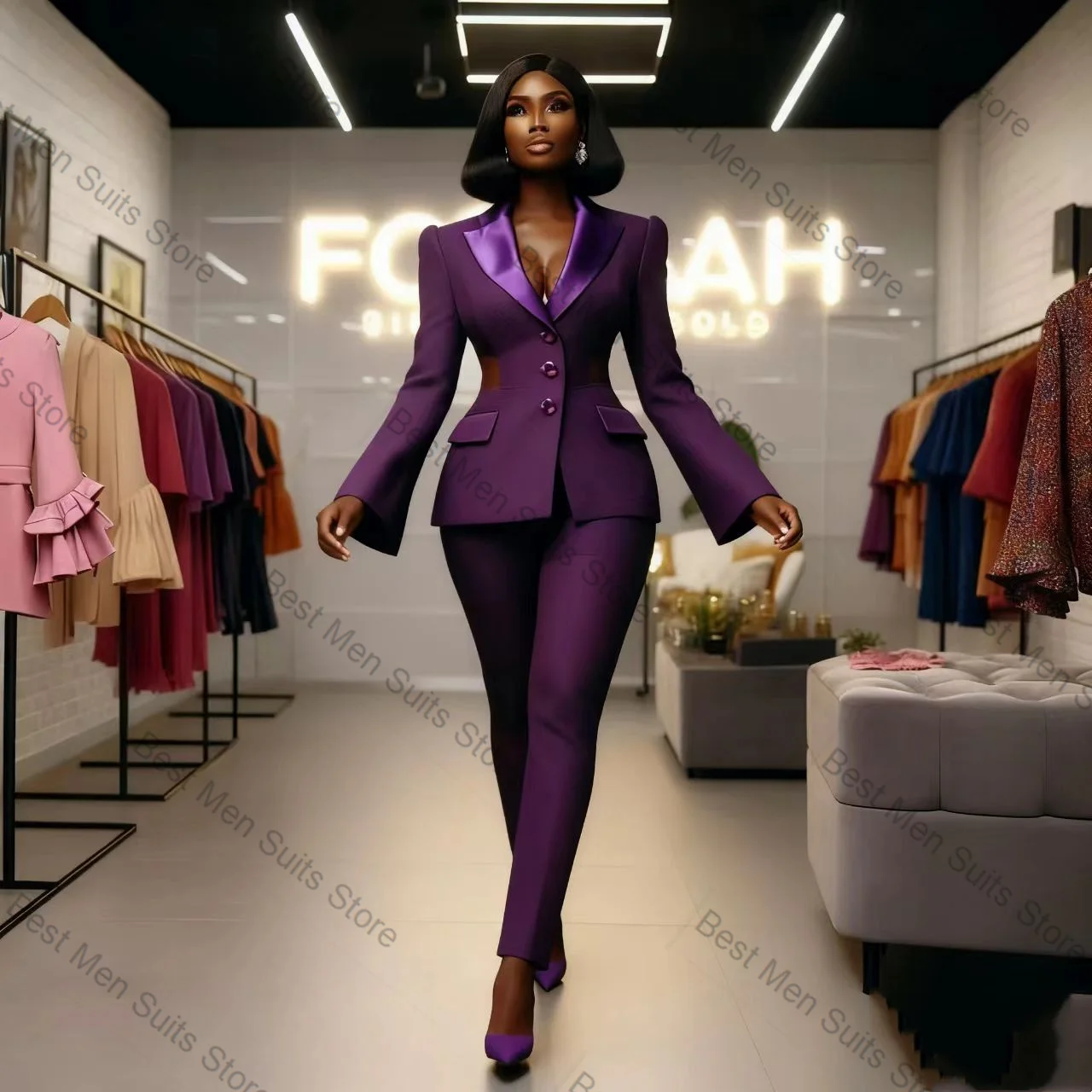 

Purple Women Suit Set 2 Pcs Cotton Blazer+Pants Trousers Satin Lapel Formal Office Jacket Customized Wedding Guest Prom Coat
