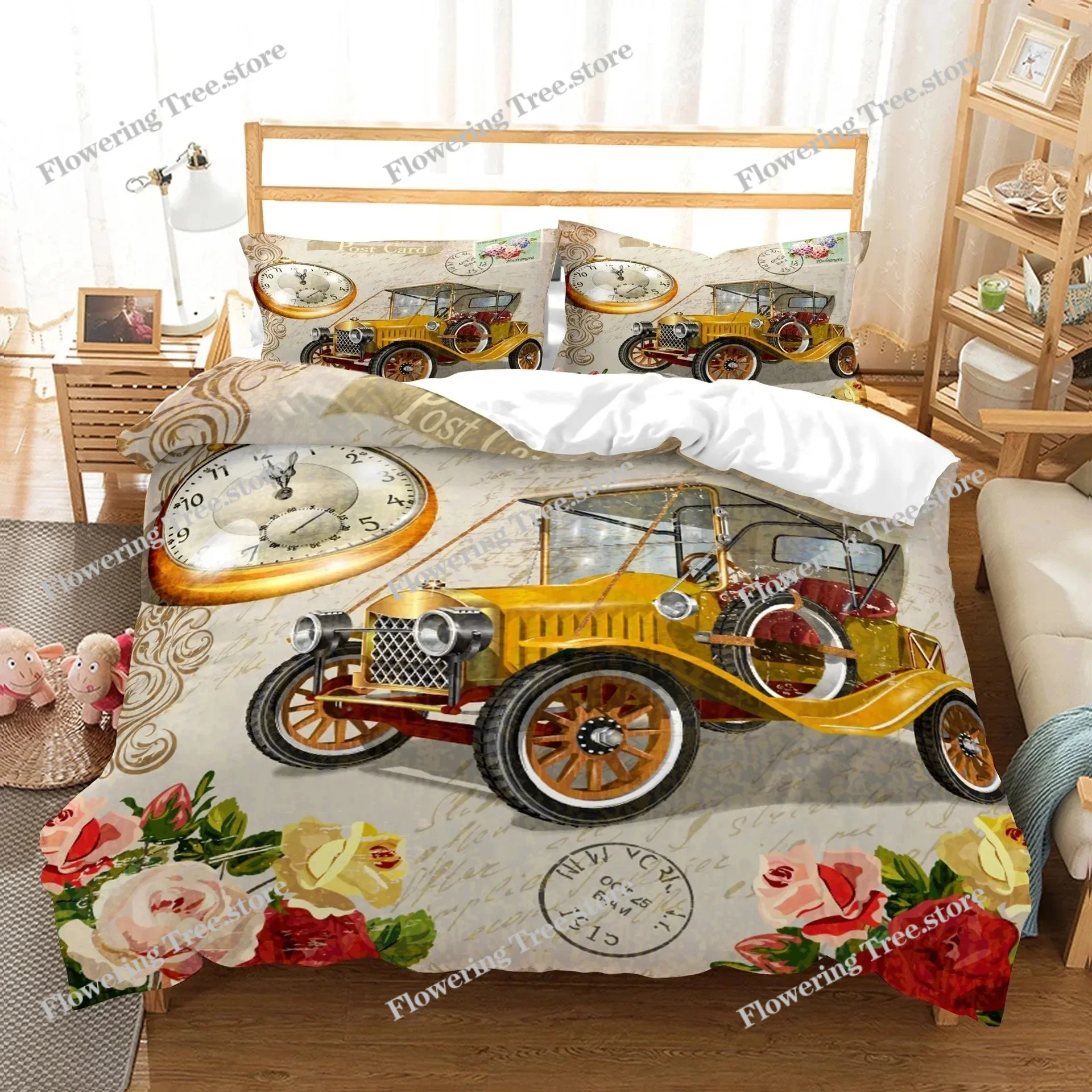 New York Statue of Liberty Duvet Cover KingQueen Size Retro Car Nostalgic 50s Bedding,Vintage Car Polyester Quilt Cover for Men