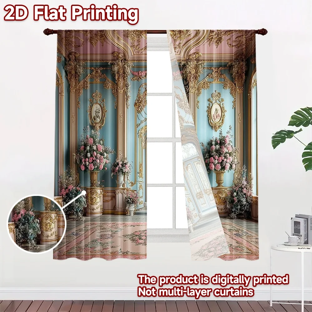 2D flat 2pcs Curtain French Romantic Style Pastel Rococo Floral Room Digitally printed polyester Holiday Decorations for Indoor