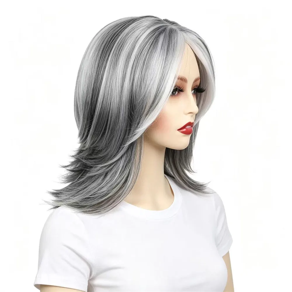 2 Colors Ombre Red Gray Silver Synthetic Wig Women Short Layered Bangs High Temperature Fiber Daily Cosplay Party Wig