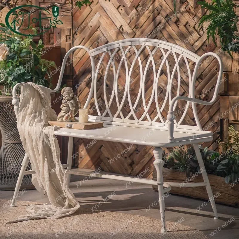 

HRomantic retro bench outdoor garden wrought iron old courtyard double chair studio props