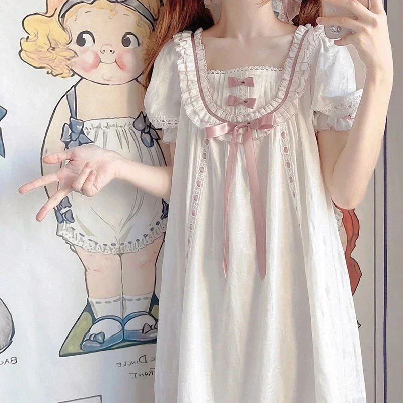 Sweet Nightdress Bowknot Lace Short Sleeve Ruffles Pajamas Women's Summer Kawaii Nightgowns Pajamas Soft Girls Casual Sleepwear